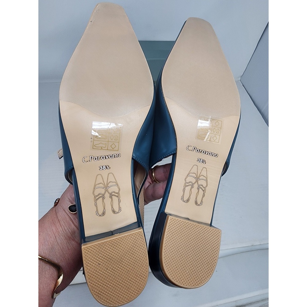 C.Paravano Teal Leather Slingback Mary Jane Block Heel Pumps Womens Size 8 NEW - Picture 10 of 12